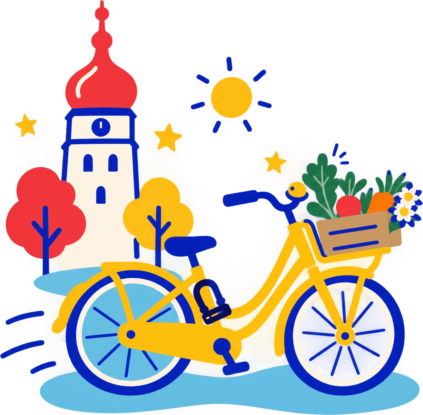 Ilustrácia: žltý mestský bicykel s debničkou zeleniny a kvetov pred trnavskou mestskou vežou